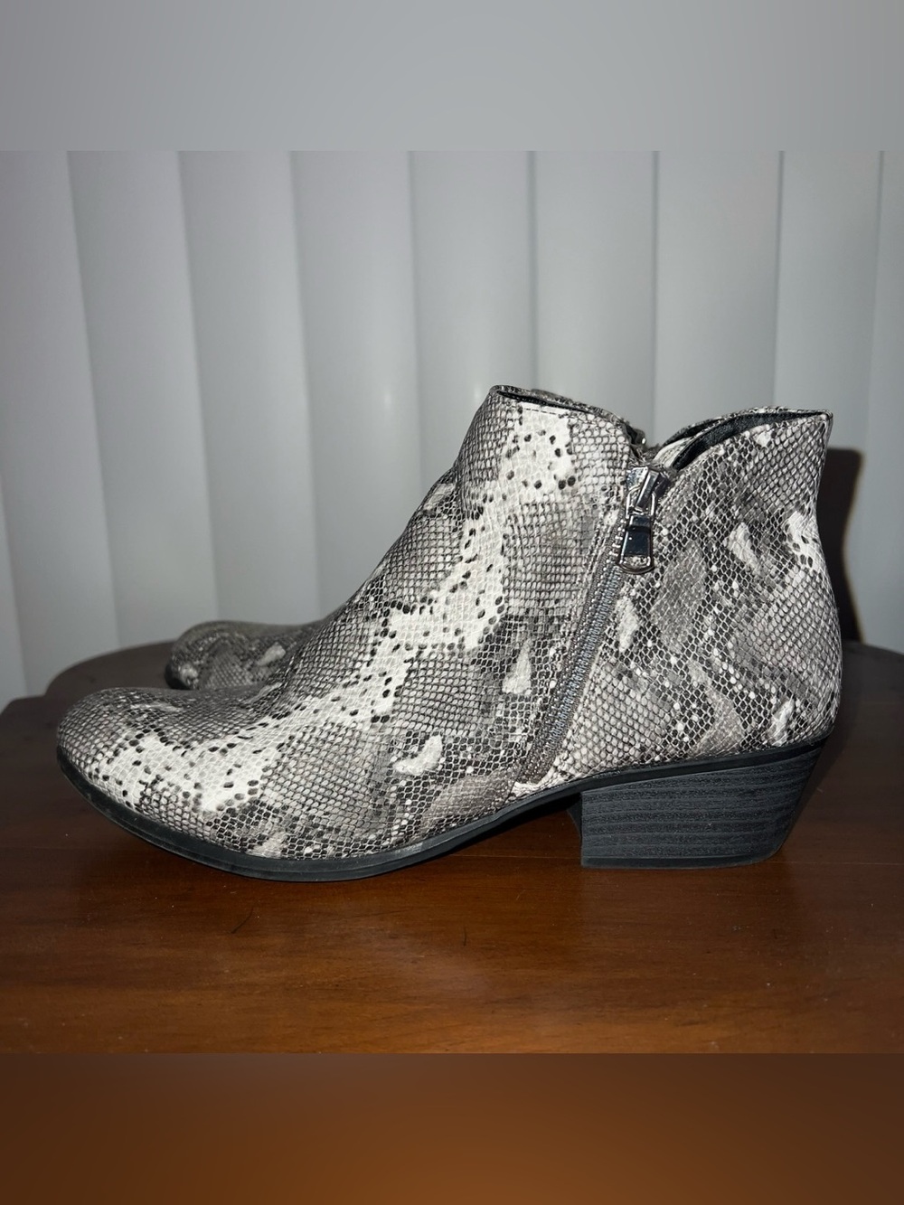Snake-Print Ankle Booties in Gray and White